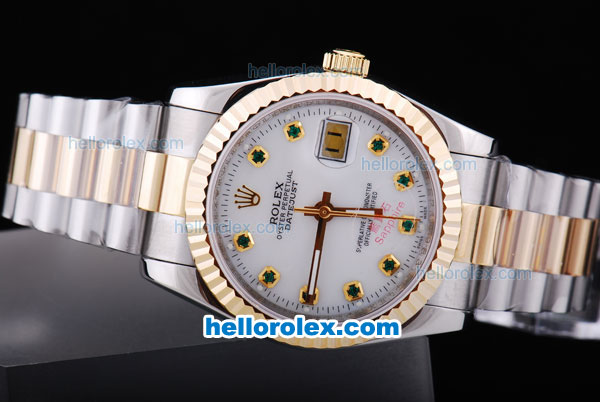 Rolex Datejust Automatic Two Tone with Gold Bezel and Green Diamond Markers - Click Image to Close